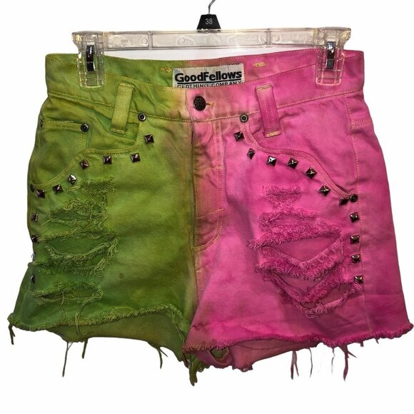 Goodfellows Womens Sz 7/8 Green Pink Studded Distressed Cut Off Rockstar Shorts - Picture 2 of 11